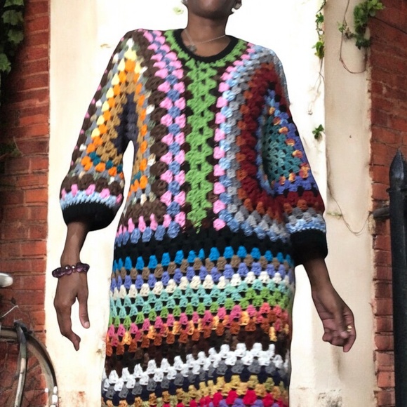AMARA Bohemian Oversized Crochet Sweater Dress-Chunky Knit Kaleidoscope of Color - Picture 3 of 16